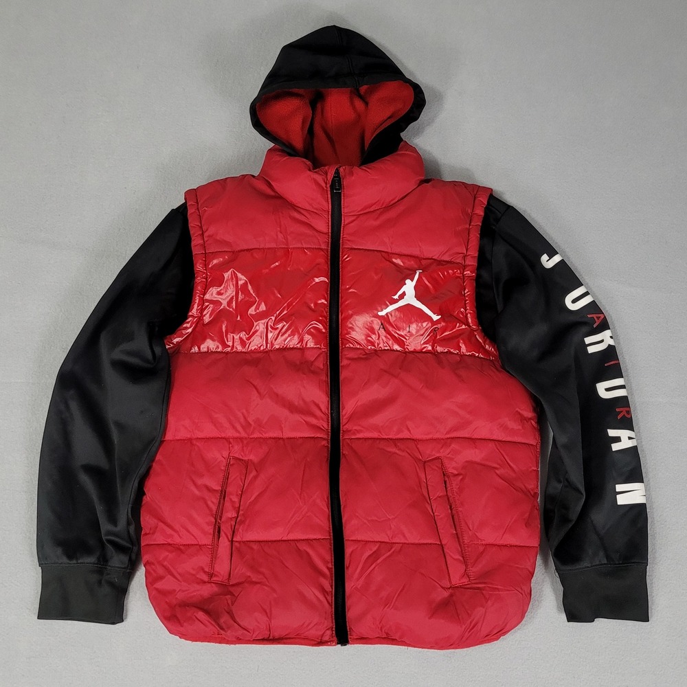 Jordan Puffer Jacket Kids L 12-13 Red Black Hooded Quilted Regular Polyester
